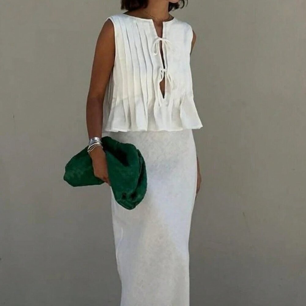 White Casual Women's Ribbon-Tied Ruffled Sleeveless Blouse And Long Skirt Set - Picture 2 of 8